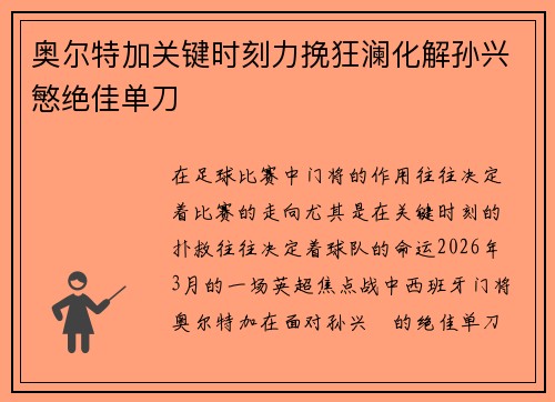 奥尔特加关键时刻力挽狂澜化解孙兴慜绝佳单刀 奥尔特加关键时刻力挽狂澜化解孙兴慜绝佳单刀